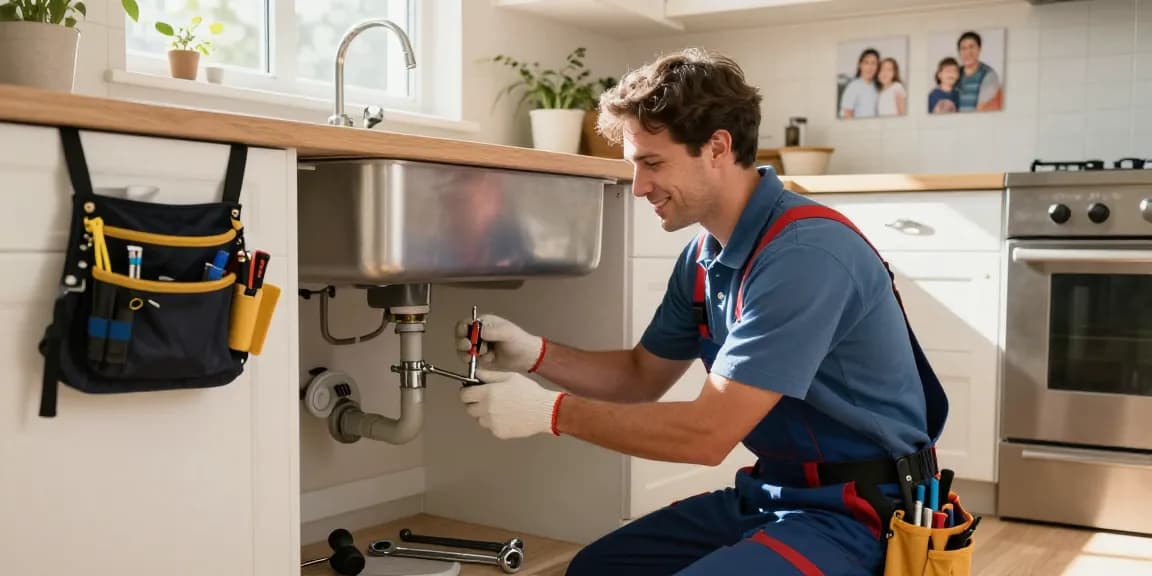 Professional plumber Stevens Point WI fixing a leaky pipe in a cozy kitchen, showcasing local home service expertise.