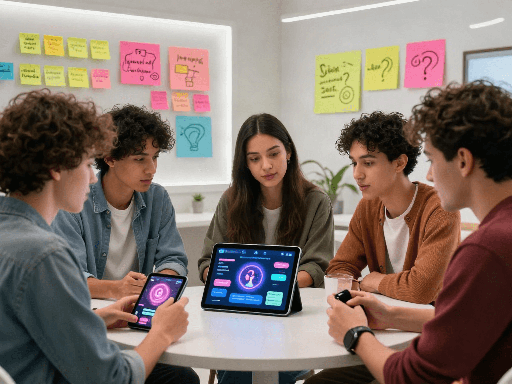 Group discussing sex ai technology in a modern digital workspace focused on safety and relationships