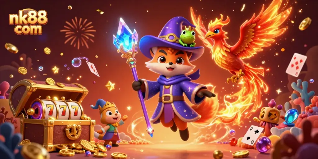 Experience the excitement of nk88 com with a vibrant casino scene featuring magical characters and dynamic gaming elements.