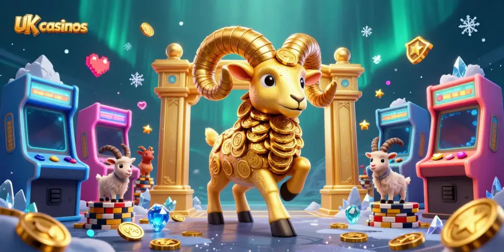 Experience excitement with uk casinos highlighted by a massive golden ram charging through a colorful casino landscape.