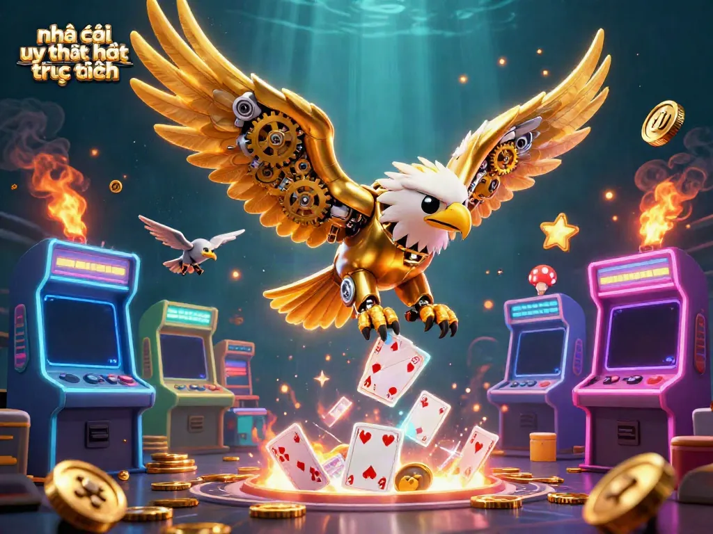 Engage with nhà cái uy tín nhất trực tuyến through a vibrant 3D illustration showcasing energetic gaming elements.