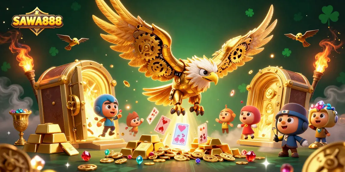 Experience the thrill of SAWA888 as golden treasures burst forth amidst soaring cybernetic eagles.
