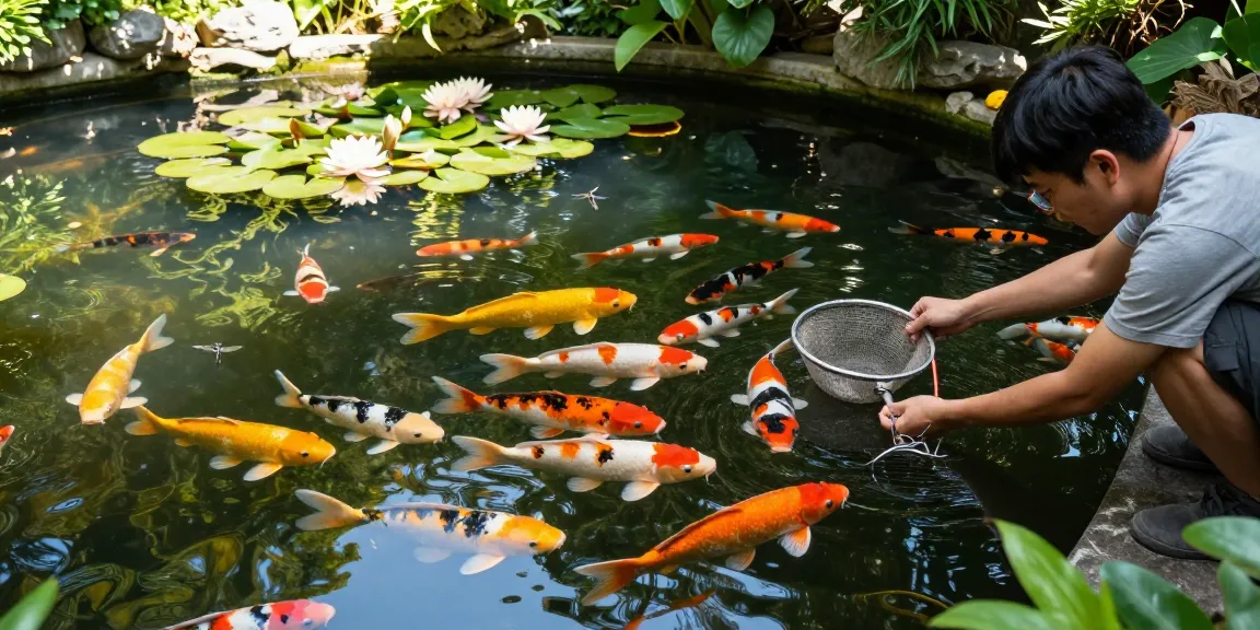 Koi Aminos benefits showcased through a serene aquarist caring for vibrant koi fish in a tranquil pond.