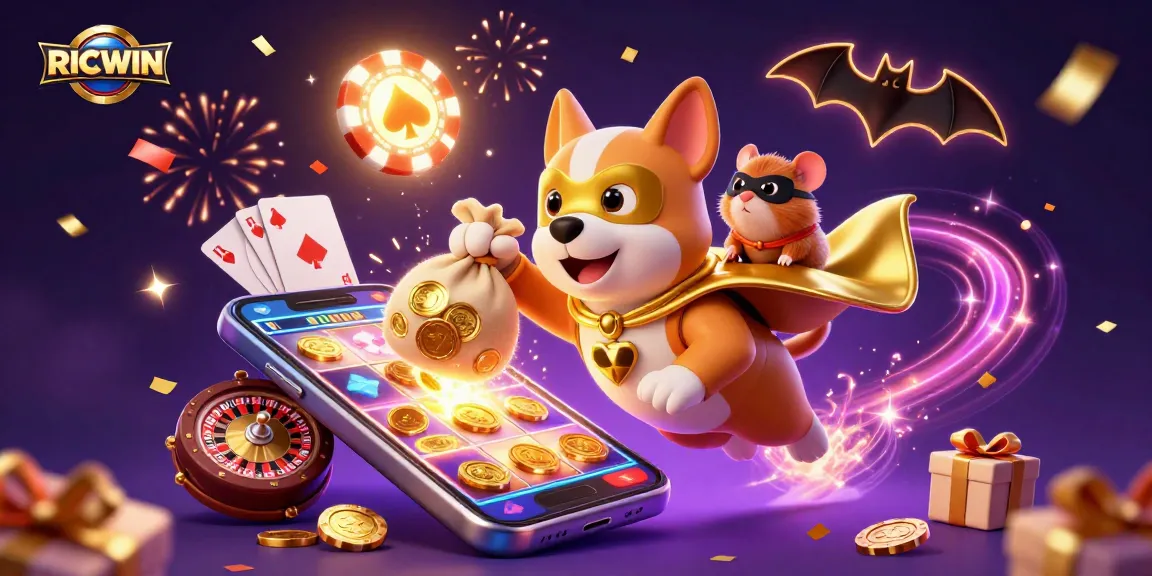 RICWIN showcases a dynamic 3D illustration where a superhero dog flies with gold coins amidst casino elements.