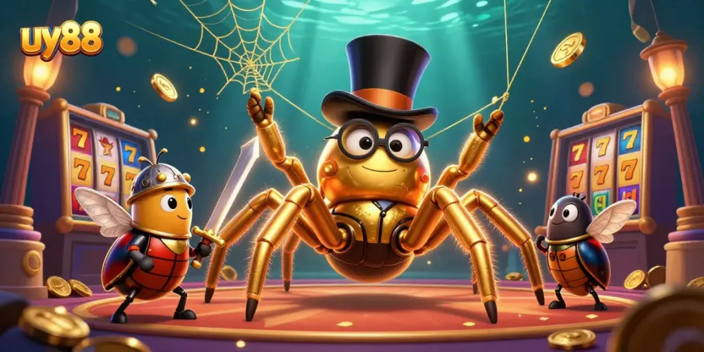 Experience thrilling gameplay at uy88 featuring a golden tarantula weaving a magical web amid vibrant slot machines.