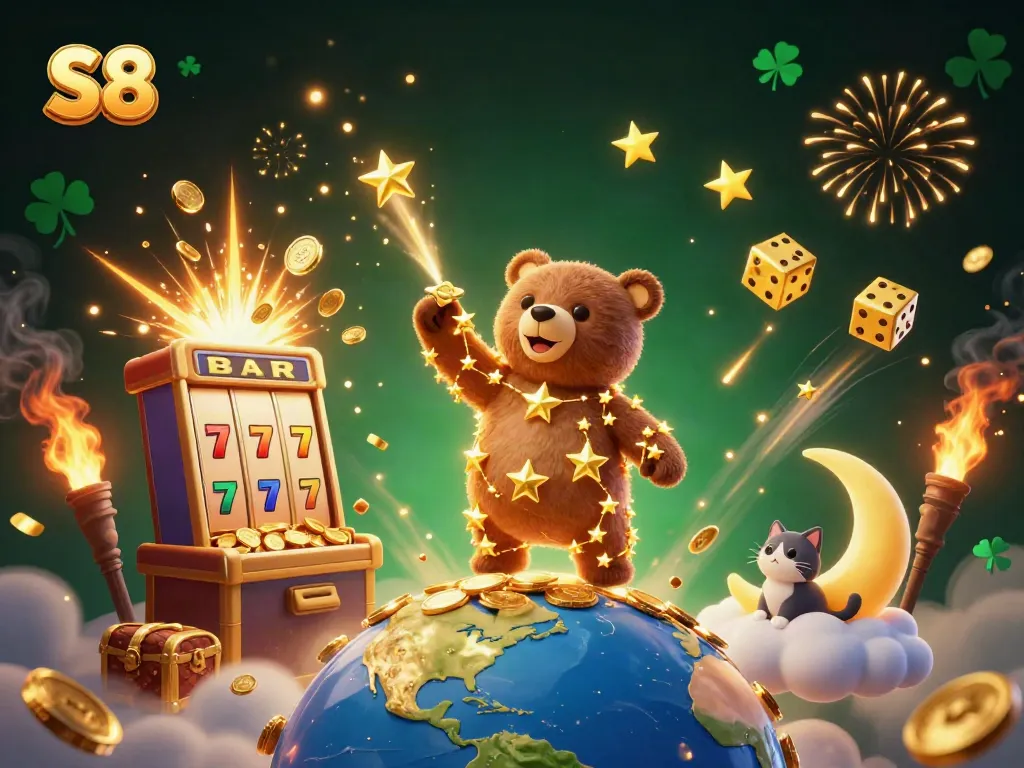 S8 casino scene illustrating a constellation bear scooping coins from Earth amidst slot machines and jackpots.