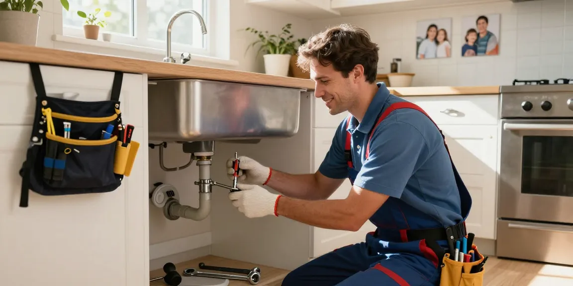 Professional plumber Stevens Point WI fixing a leaky pipe in a cozy kitchen, showcasing local home service expertise.