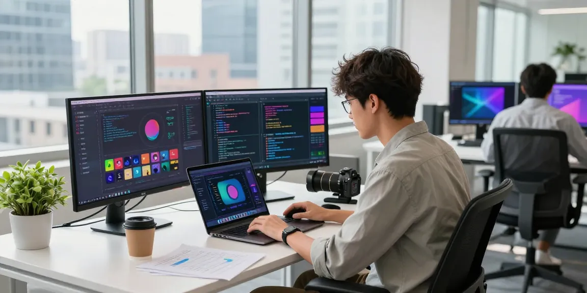 Discover WhatsApp下載 in a modern tech workspace, showcasing vibrant app interfaces and coding on multiple screens.