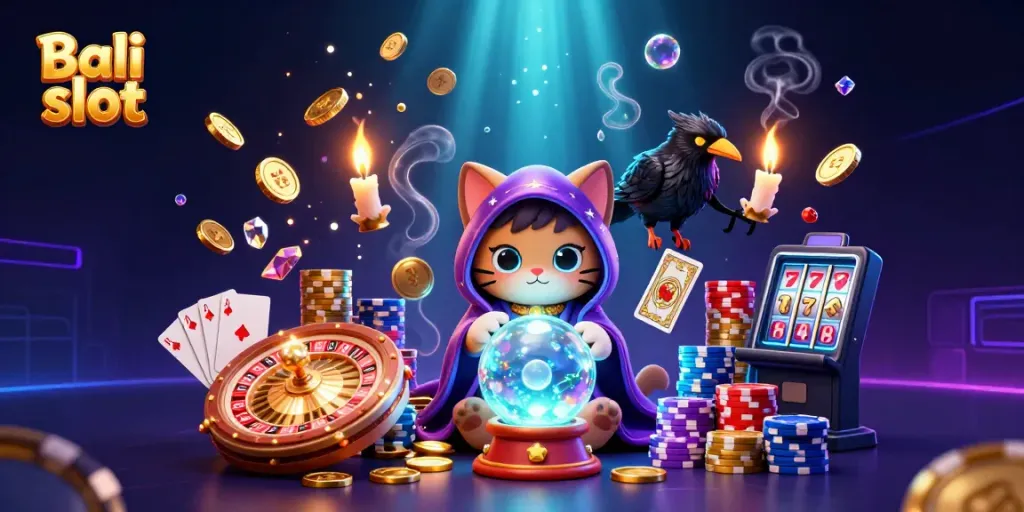 Experience the thrill of Bali slot with mystical characters, gold coins, and vibrant casino elements.