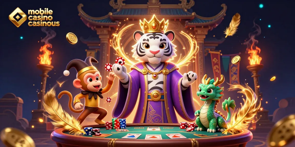 Experience dynamic mobile casino casinous action with a tiger, monkey, and jade dragon at a lively poker table.