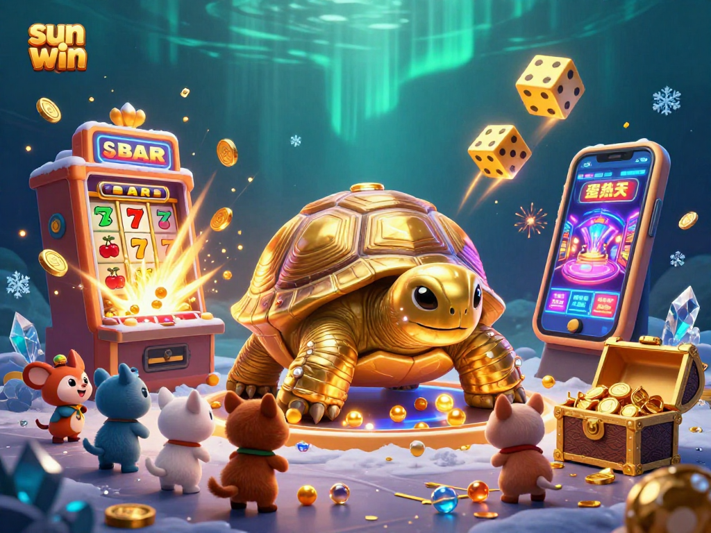 Join the excitement at sun win with a colossal tortoise pinball machine in this vibrant casino scene.