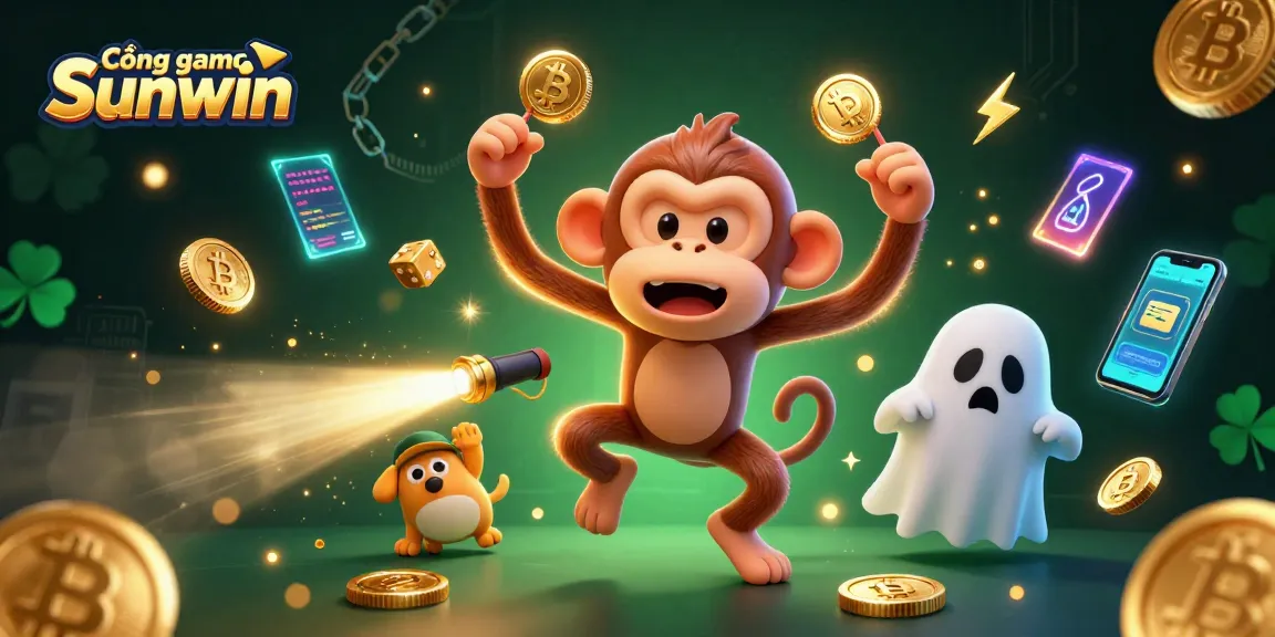 Cổng game Sunwin showcases a whimsical 3D scene with a mischievous monkey and a curious puppy in an engaging casino.