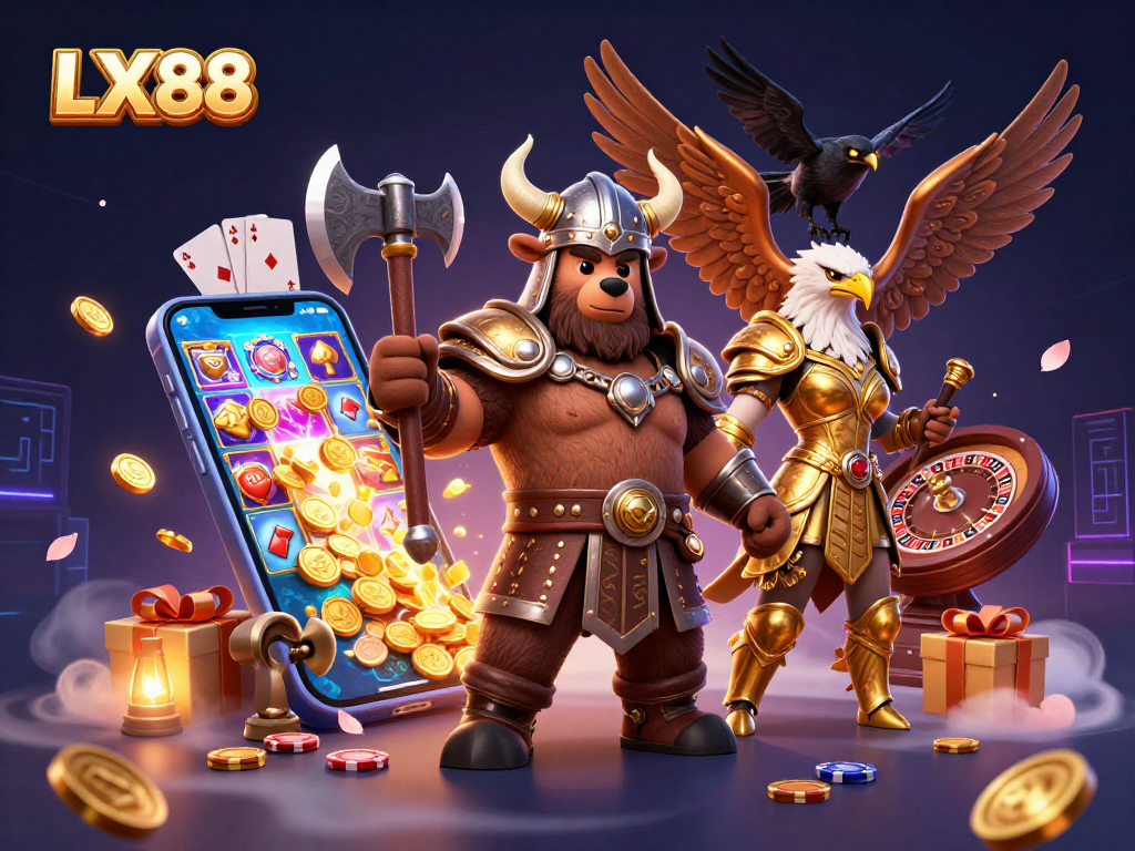 Experience thrilling games at LX88 with a Viking bear, Valkyrie eagle, and vibrant slot elements.