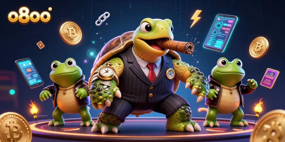 Engage with o8oo’s vibrant casino scene featuring a snapping turtle in mobster attire and crypto elements.