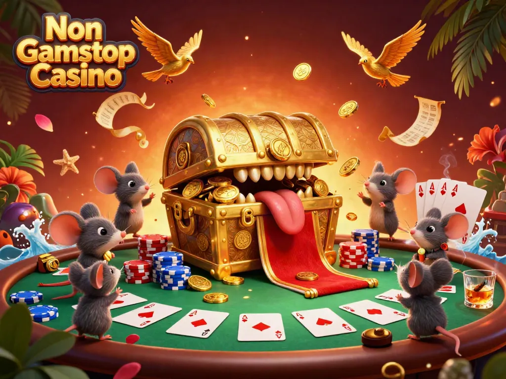 Engaging scene from a Non Gamstop Casino with a treasure chest mimic and poker table elements.