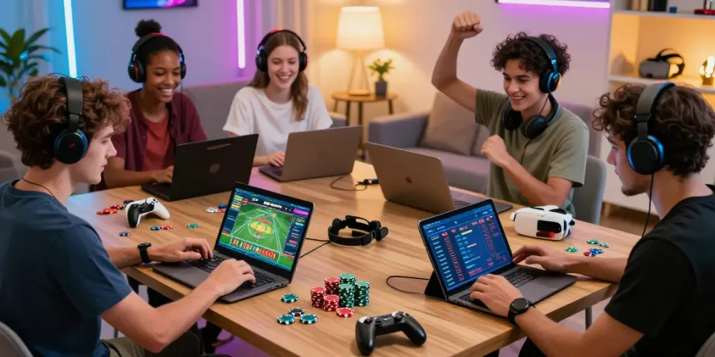 Engaging online gaming scene showcasing players at home immersed in casino entertainment at http://sin88-onl.com/ with dynamic lighting and equipment.