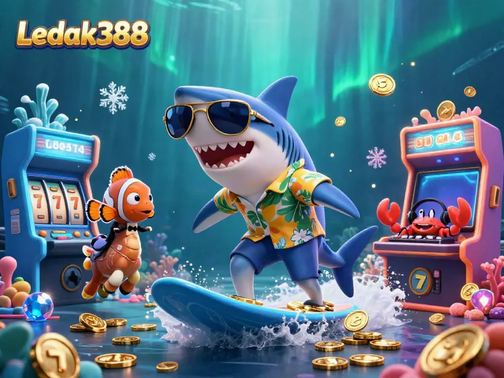 Experience thrilling gameplay at Ledak388 with a vibrant underwater casino scene showcasing fun characters and slot elements.