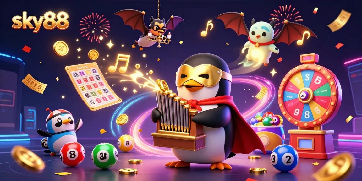 Experience the thrill of sky88 as a penguin plays an organ shooting golden coins amid a vibrant casino scene.