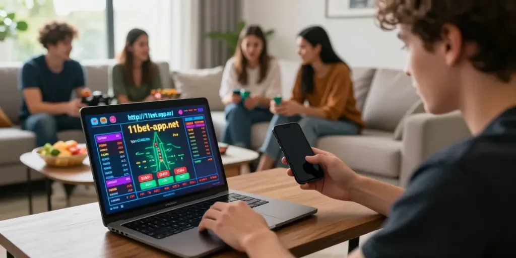 Engaged player using http://11bet-app.net/ in a vibrant living room with friends.