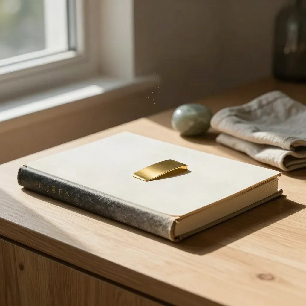 Worn hardback, journal, brass bookmark and stone paperweight by a sunlit window