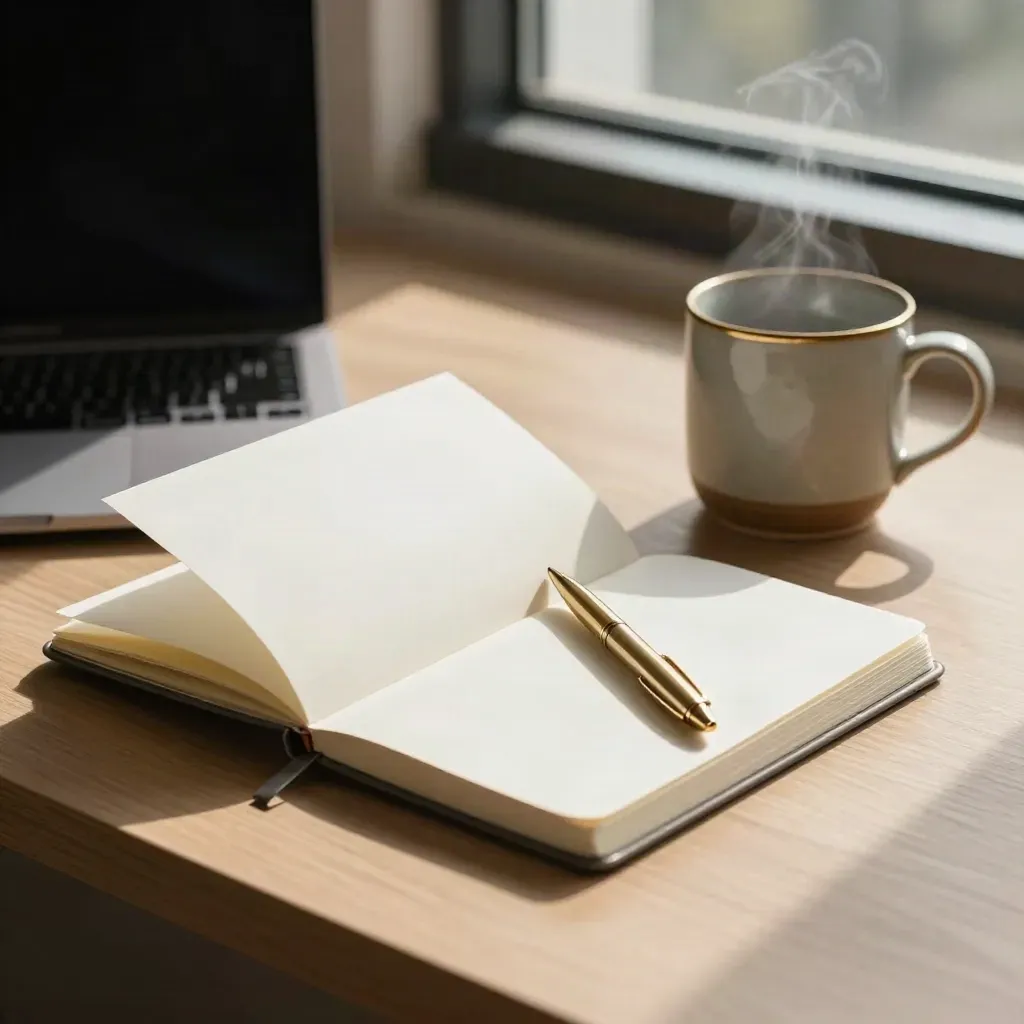 Office desk with closed laptop, open notebook, brass pen and ceramic mug caught mid-pause.