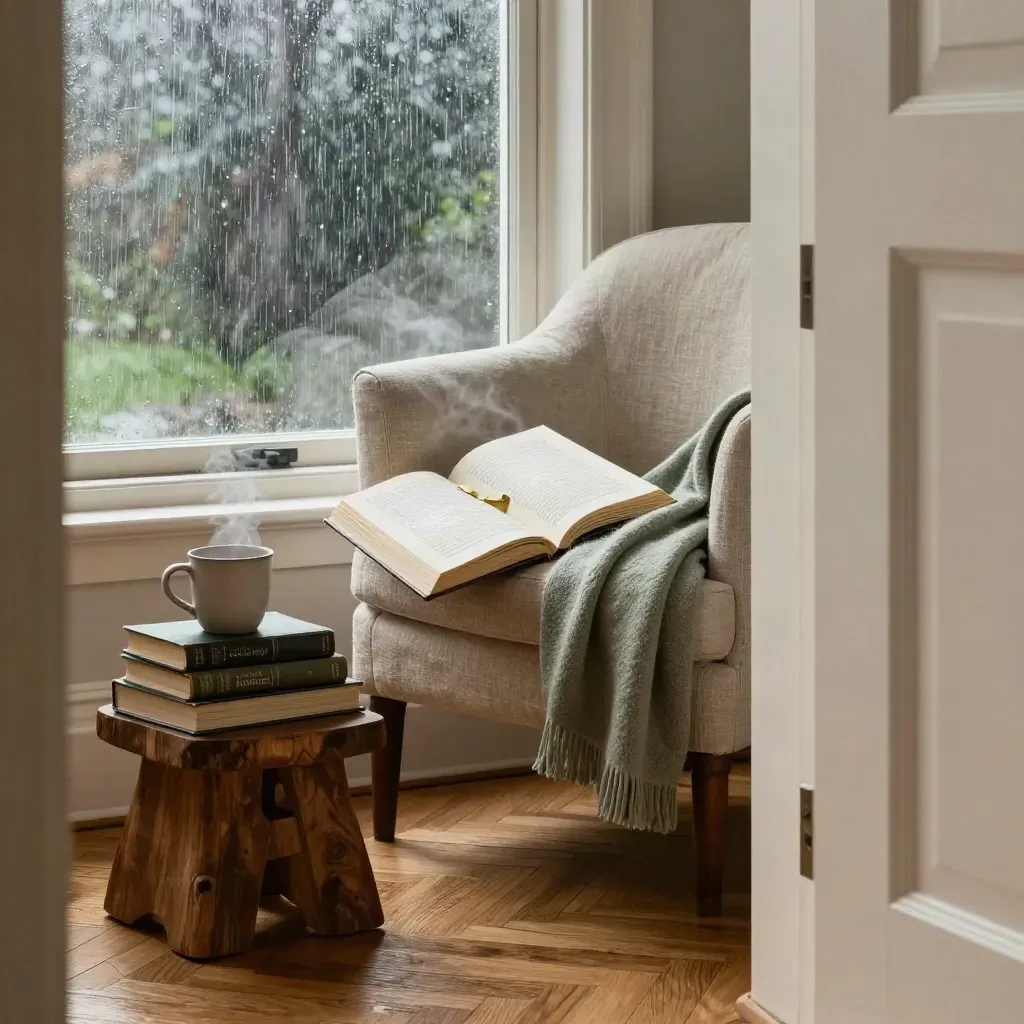 Rain-lit reading corner with Stoic books, open journal, mug, throw, and bay window at dawn.