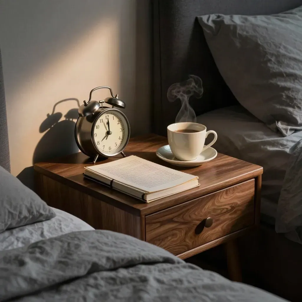 Nightstand with linen journal, alarm clock, chamomile tea and duvet edge in warm lamplight.