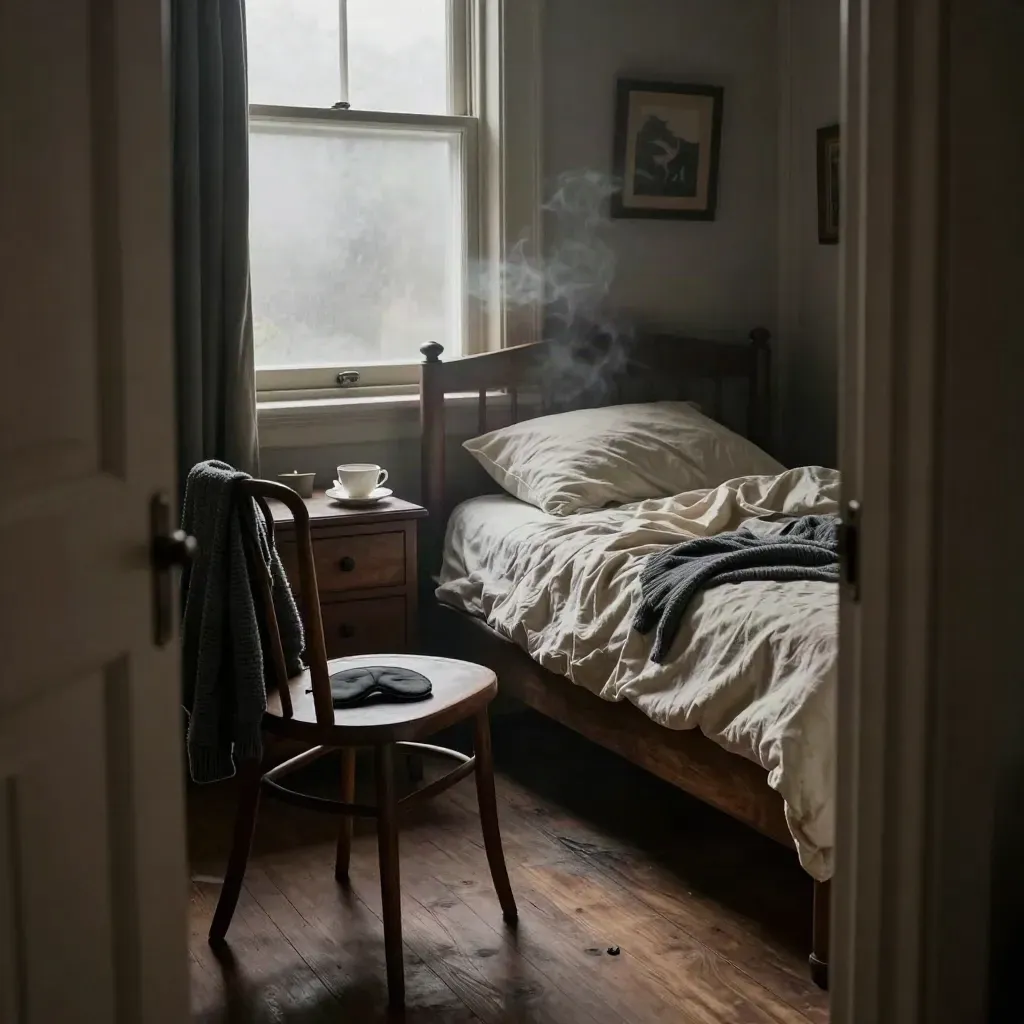 Moody pre-dawn bedroom with sweater on chair, teacup, sleep mask, candle stub and fogged window.
