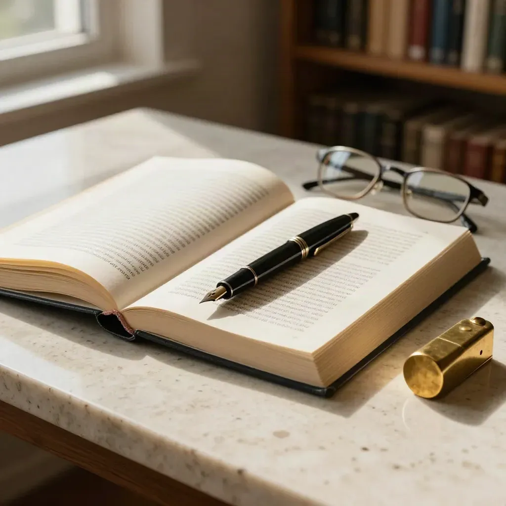 Open hardback with glasses, fountain pen and brass paperweight on travertine in warm late-afternoon light