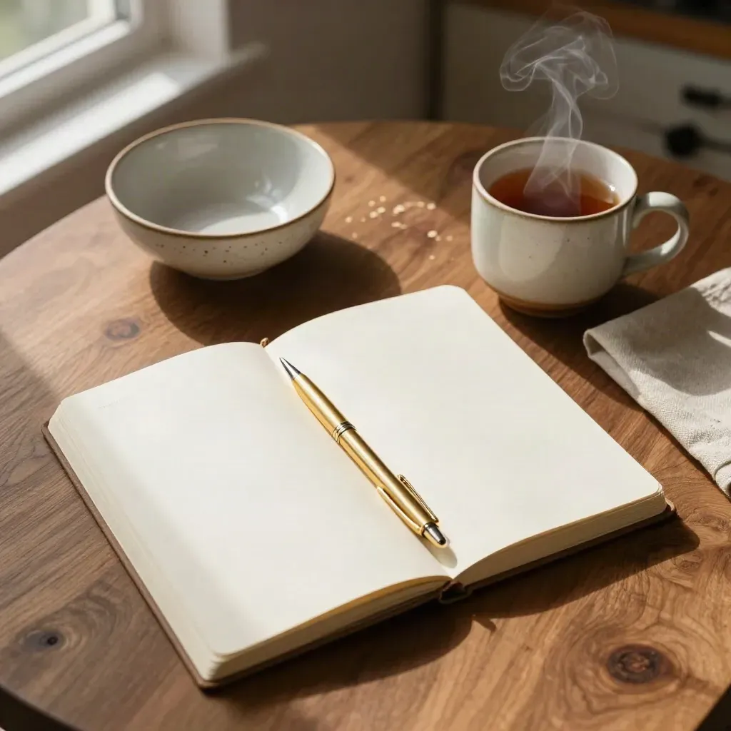 Overhead breakfast table with notebook, brass pen, tea, bowl and steam in warm light.