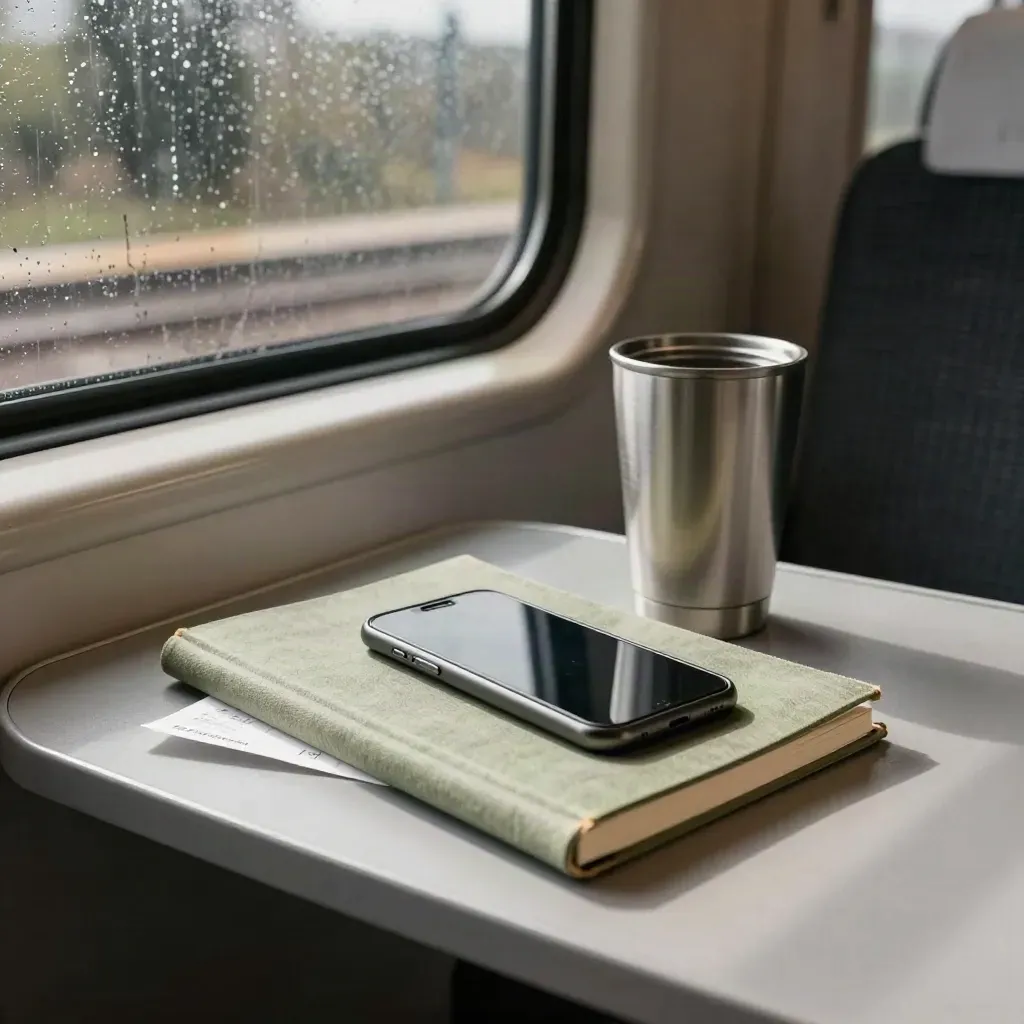 Train-table still life with notebook, phone, receipt and travel mug in warm window light.