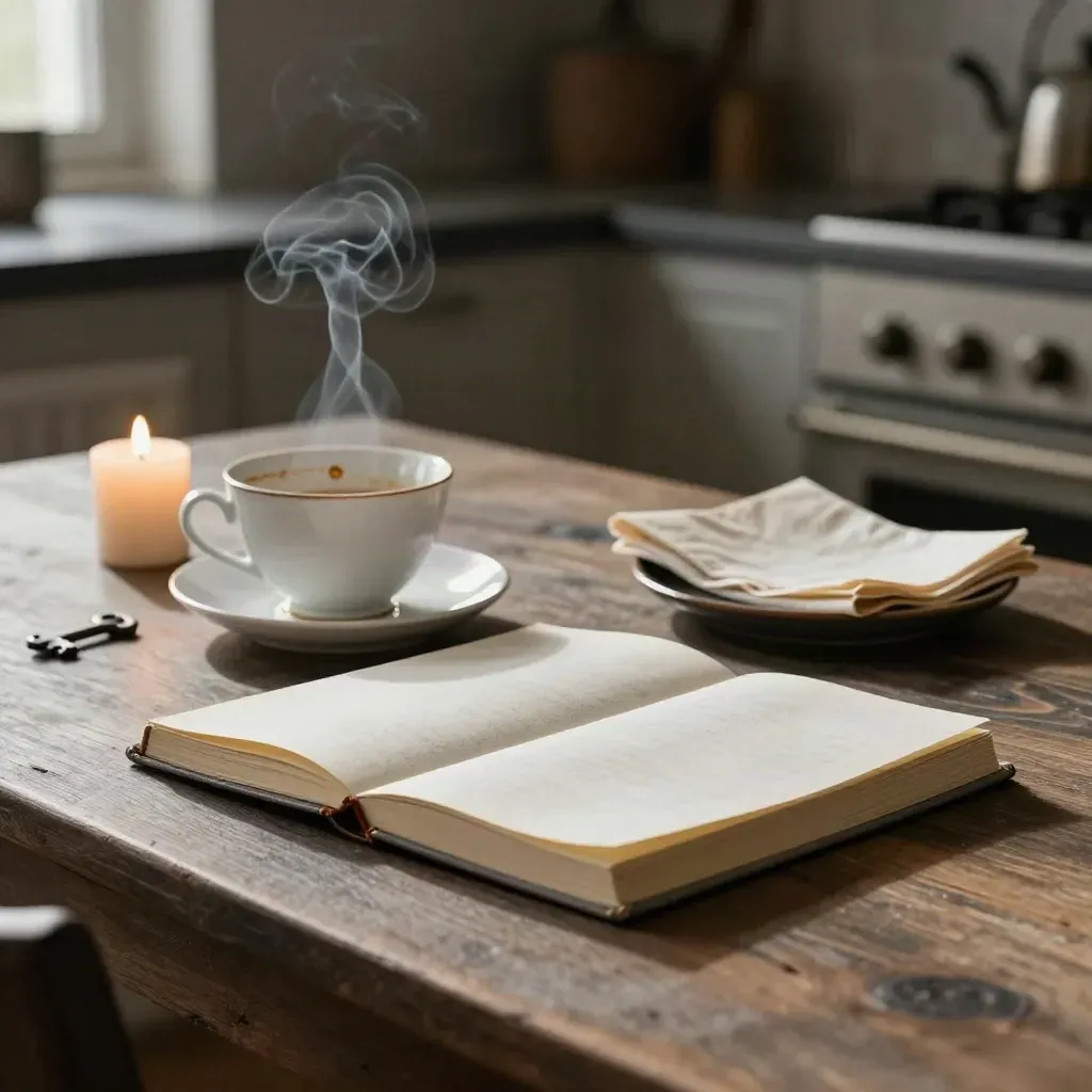 Closed journal, empty teacup, candle stub and folded napkin on a kitchen table, smoke curling in dusk.