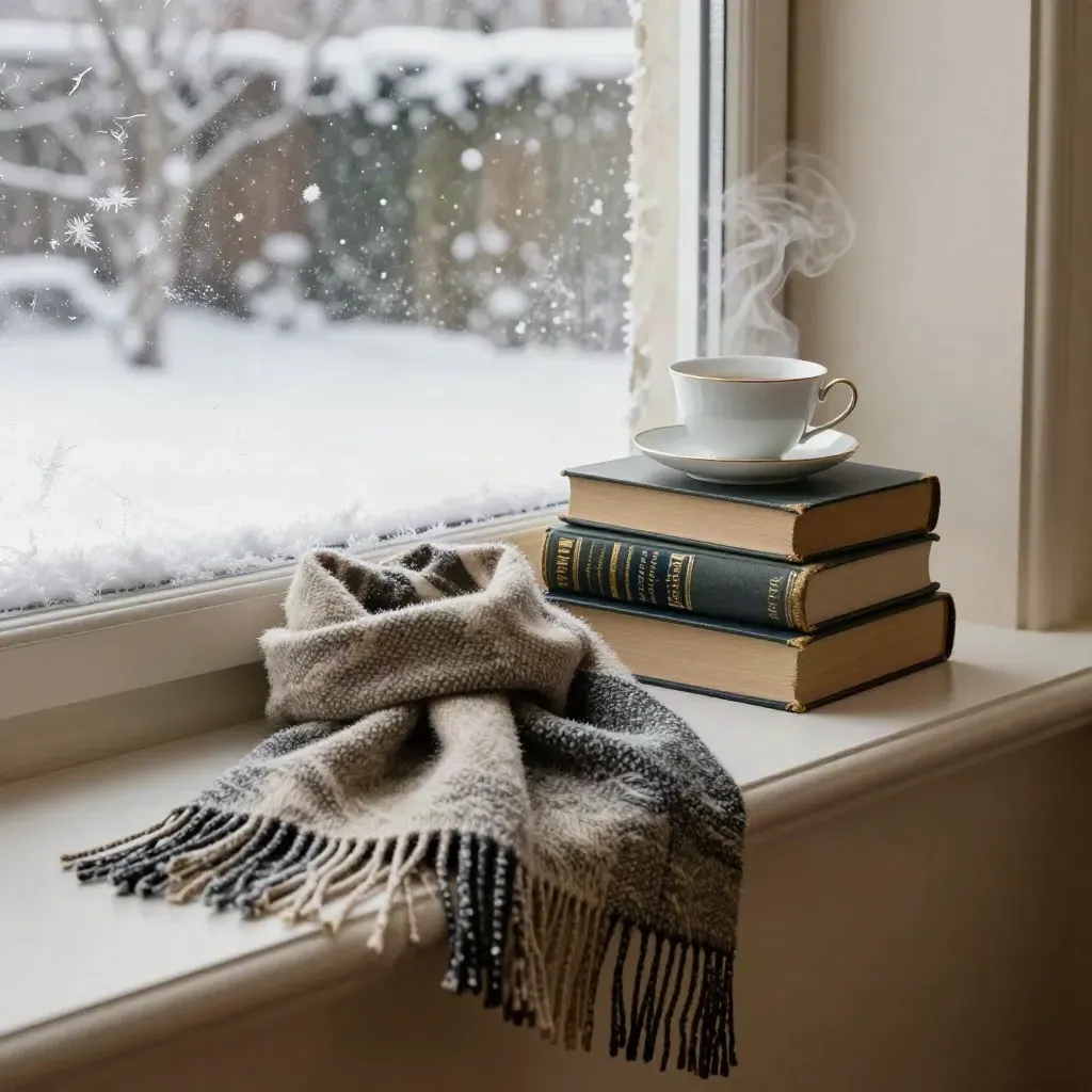 Winter reading corner on a frosted window ledge with scarf, philosophy books, and steaming teacup.