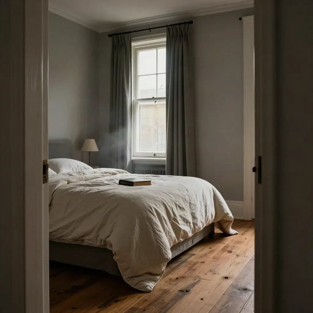 Dim bedroom corner with an unmade duvet, face-down book, and curtained window at night.
