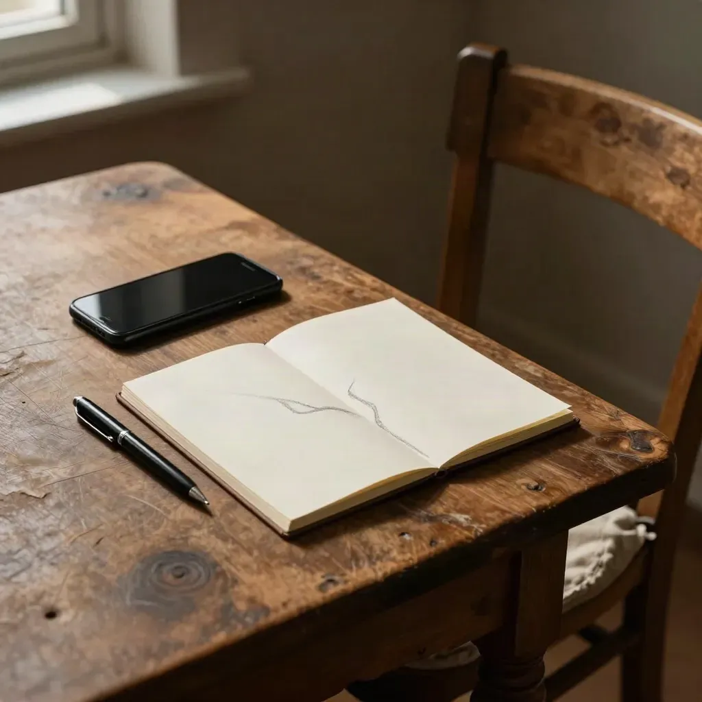 Face-down phone, pen, cream sheet and pulled-back chair at a wooden table in cool light.