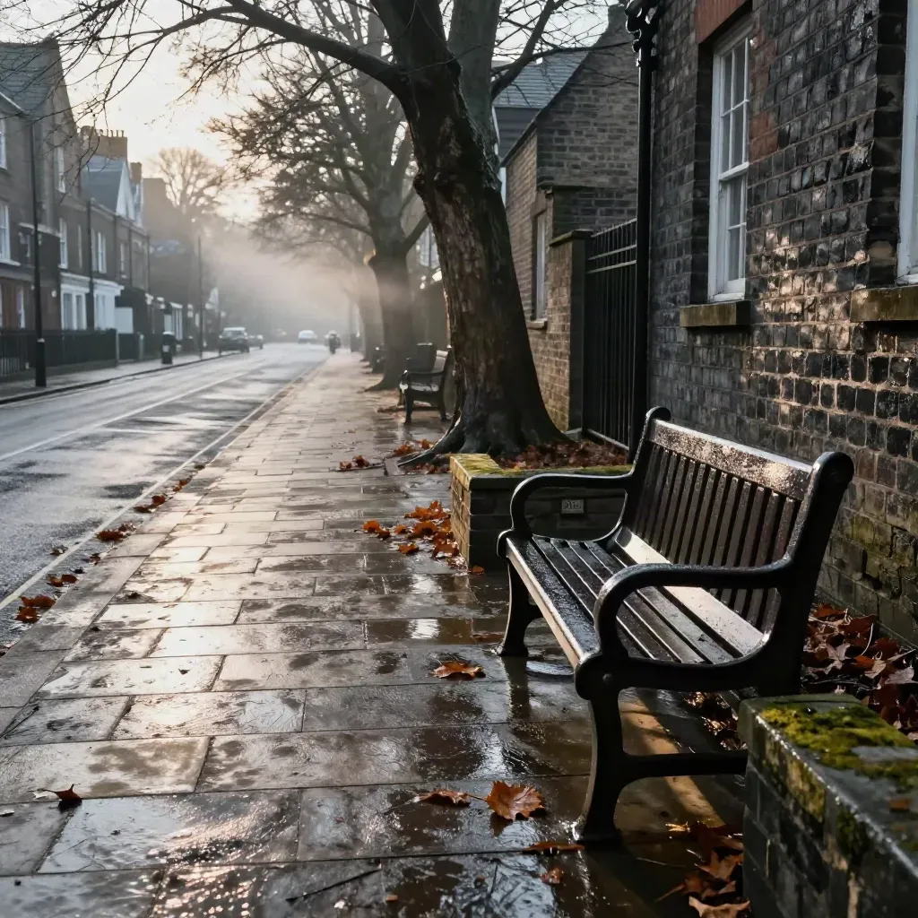 Rain-wet UK pavement with leaves, bench, and winter sun through mist