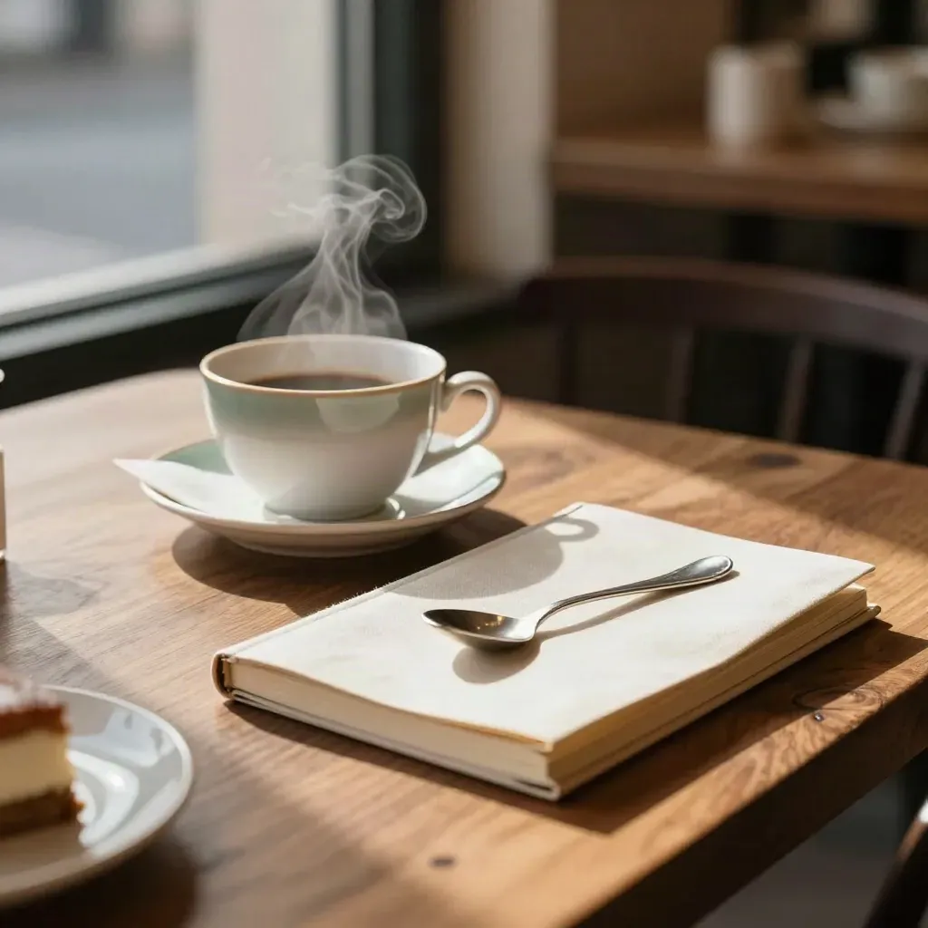 Tea cup, notebook, spoon and napkin on a café table in soft window light.