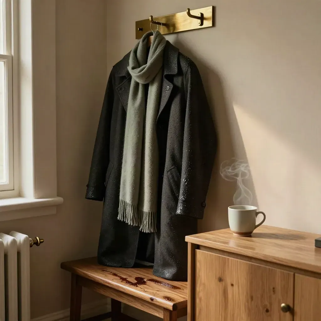 Rain-damp hallway with coat hook, sage scarf, steaming cup, and bench after commute.