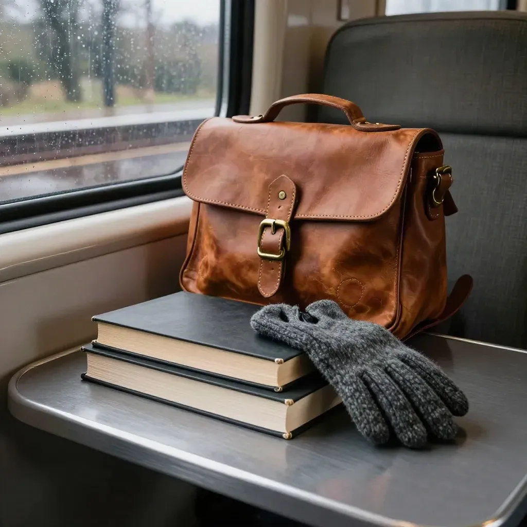 Paperback stack, leather satchel and wool gloves on a rain-specked train seat