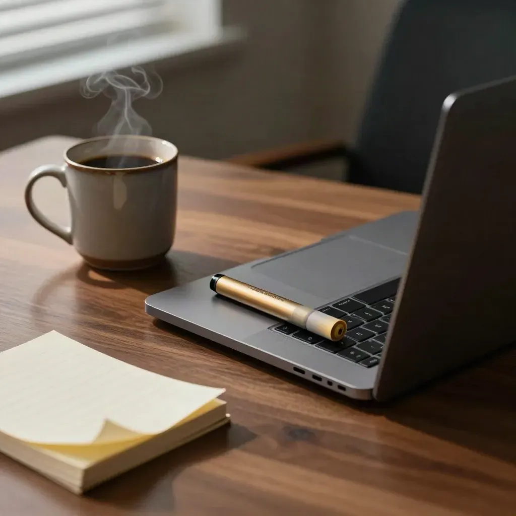 Late-night desk with closed laptop, mug, gold highlighter and notes under a hard upper-left beam.
