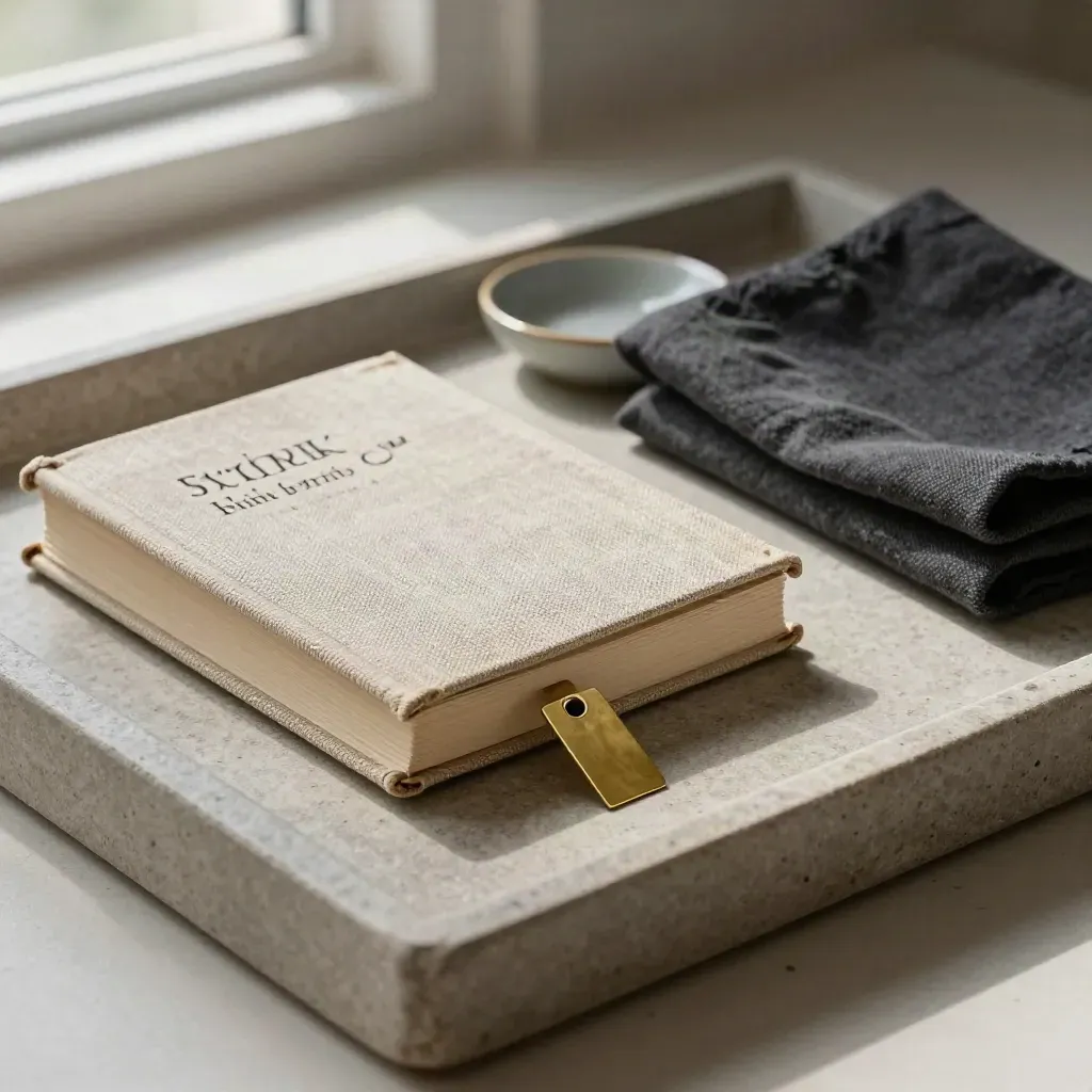 Brass bookmark in a linen-bound book beside a ceramic dish and folded cloth on a stone tray.