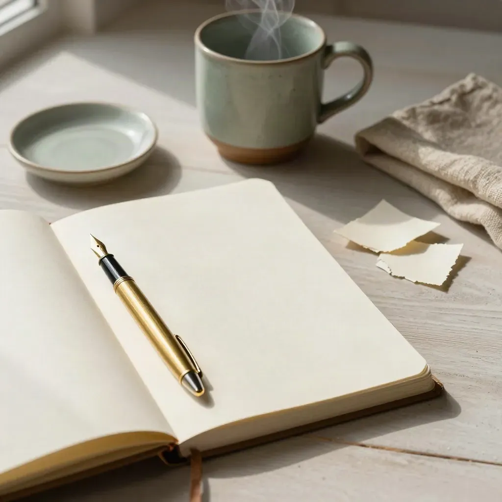 Open journal, brass pen, paper slips, and steaming cup on pale wood in a calm overhead still-life.