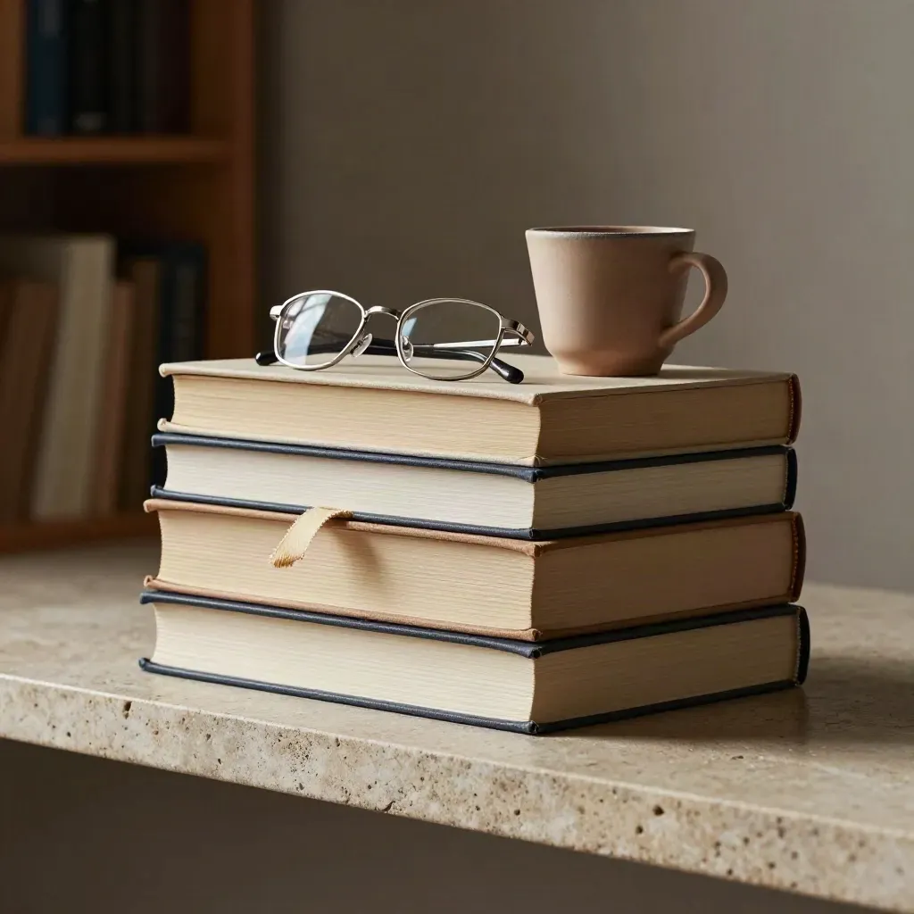 Stacked hardbacks with glasses and a clay cup on a stone shelf in soft light