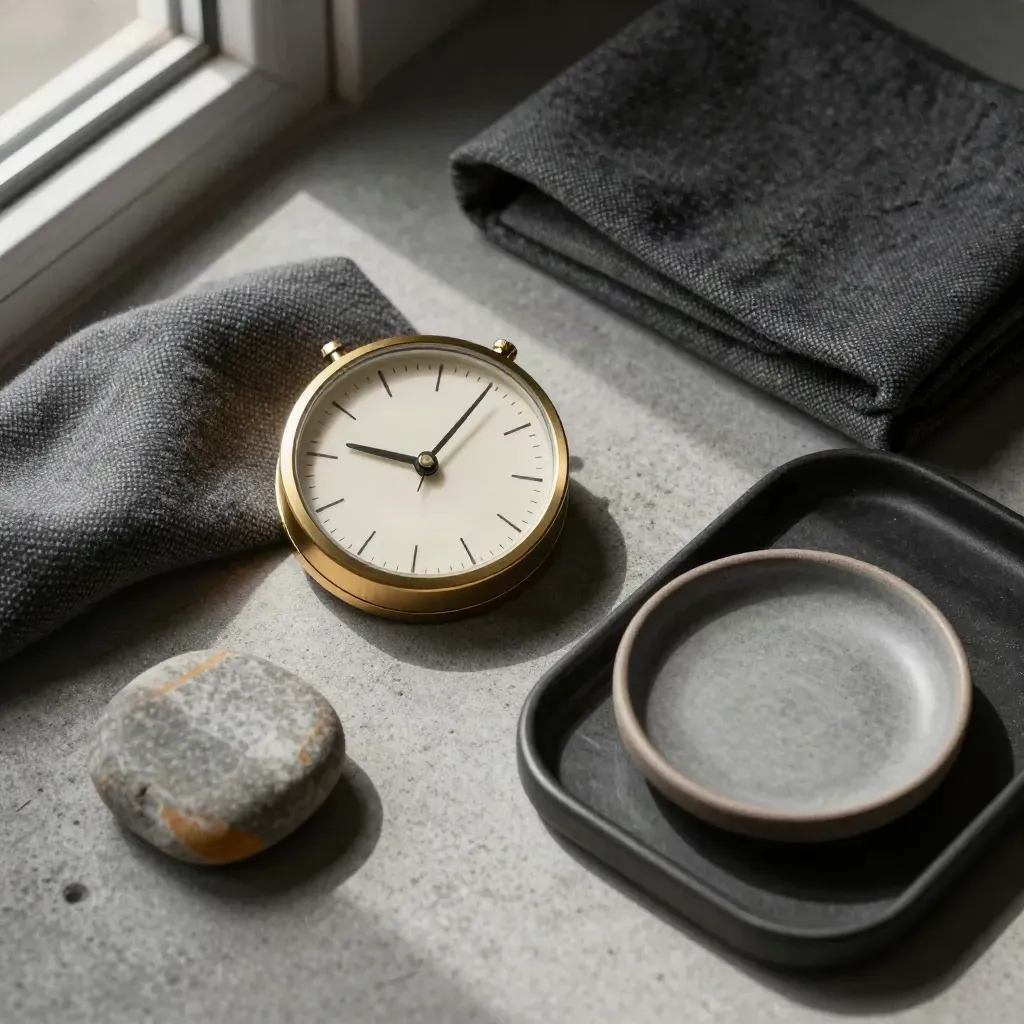 Overhead still life of a timer, wool cloth, stone weight and ceramic dish on a concrete tray.