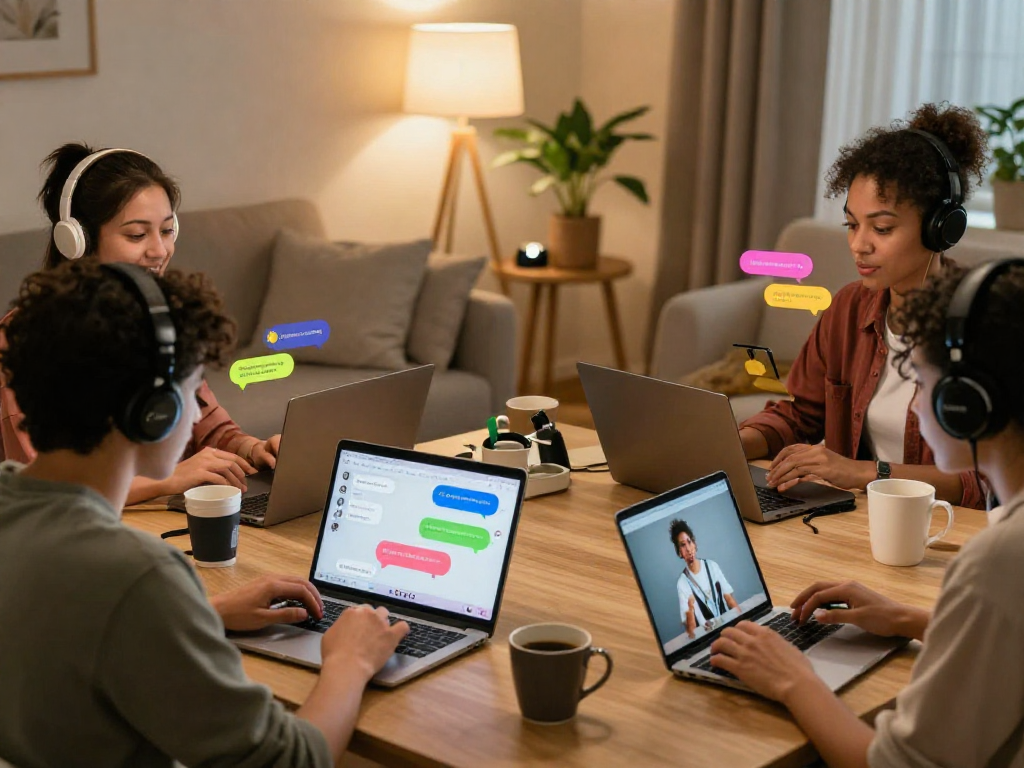 Engaging spicy chat dialogue in a cozy environment with diverse individuals connecting online.