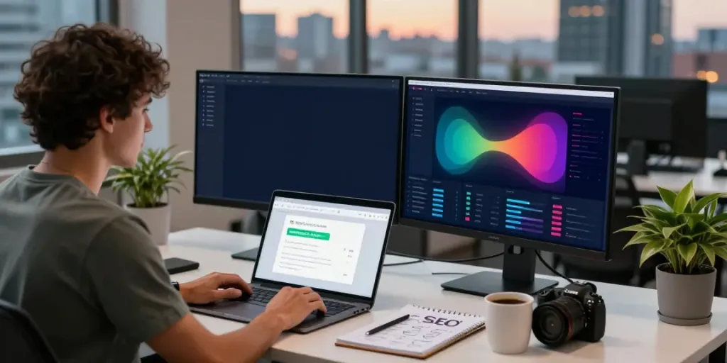 Digital marketer analyzing instant indexing data in a modern workspace.