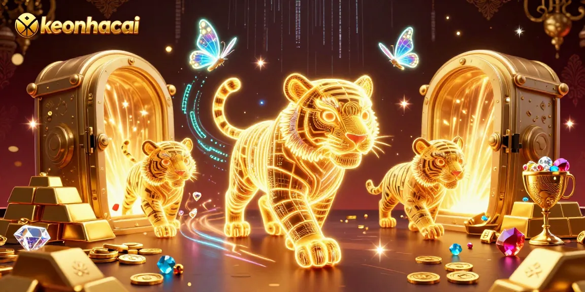 Experience keonhacai with a neon-wireframe golden tiger amid a vibrant digital casino scene.