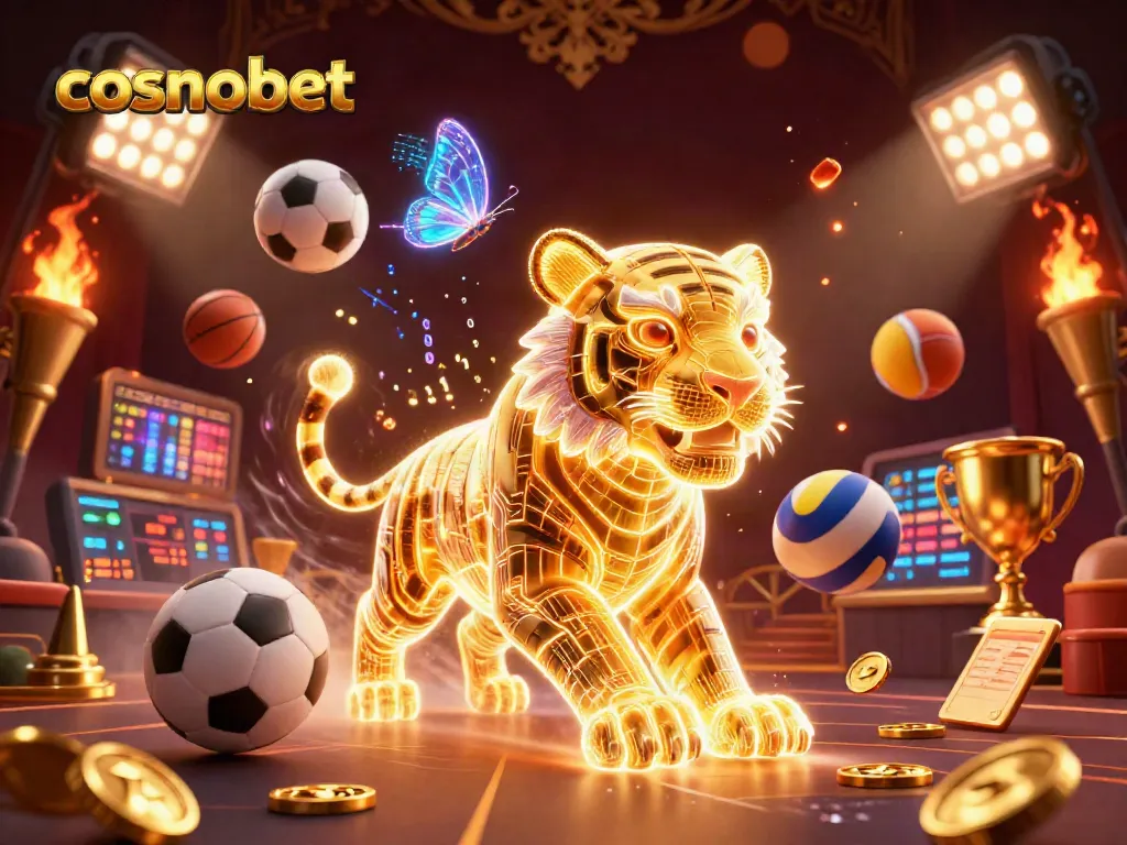 Experience the excitement of cosmobet with a vibrant casino scene featuring a glowing tiger and sports elements.