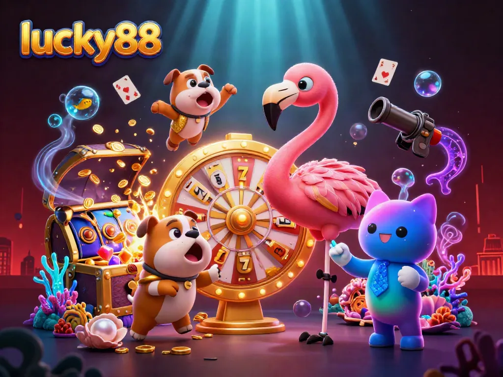 Experience the excitement of lucky88 with a colorful gaming scene featuring a game show host and vibrant slot elements.
