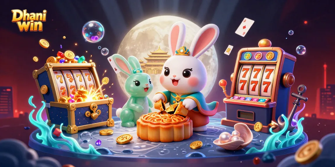 Dhani win shines with a dynamic 3D illustration of a moon rabbit themed casino scene featuring exciting slot machines and vibrant treasures
